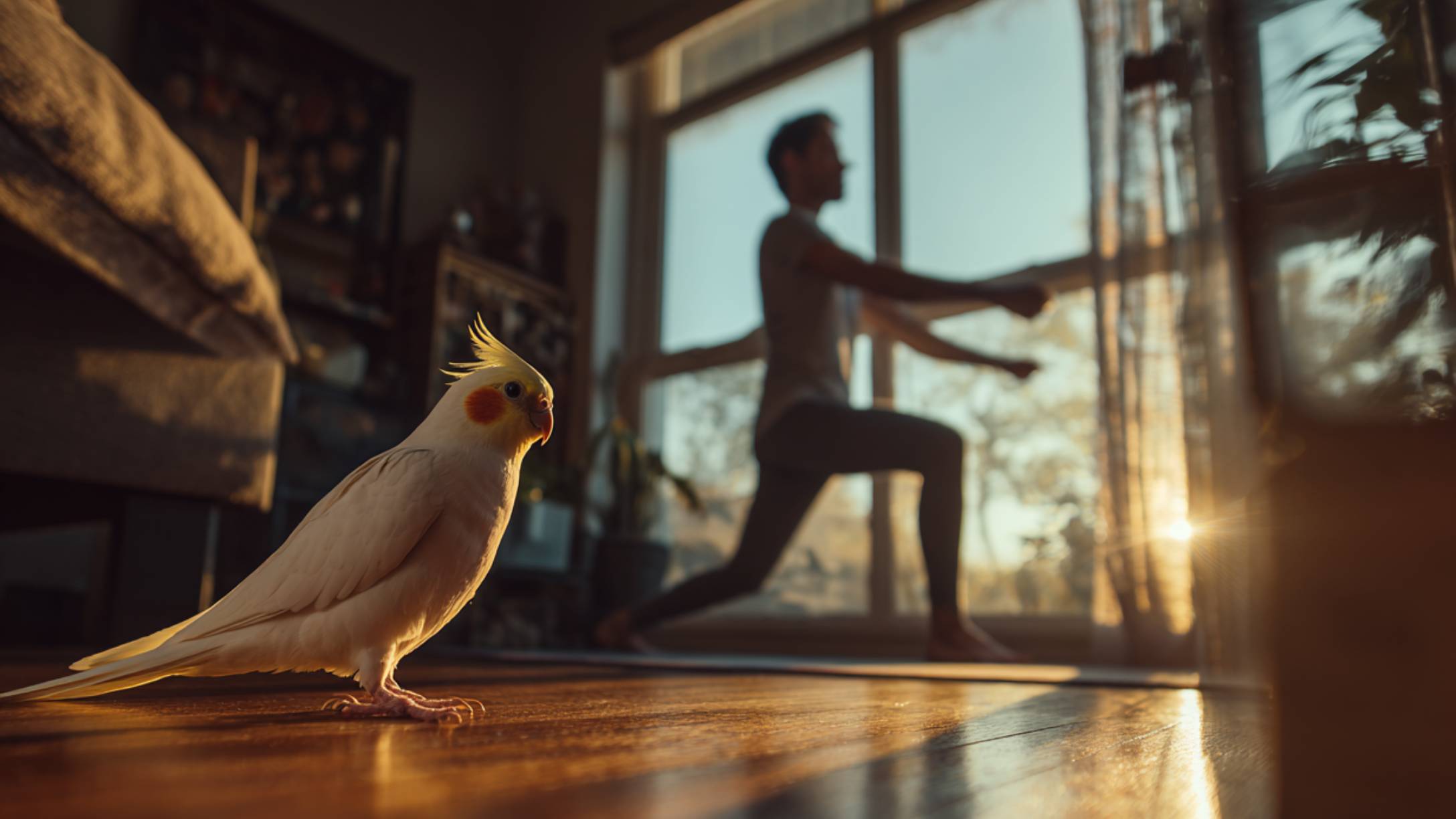 man doing yoga with bird emotional support animals