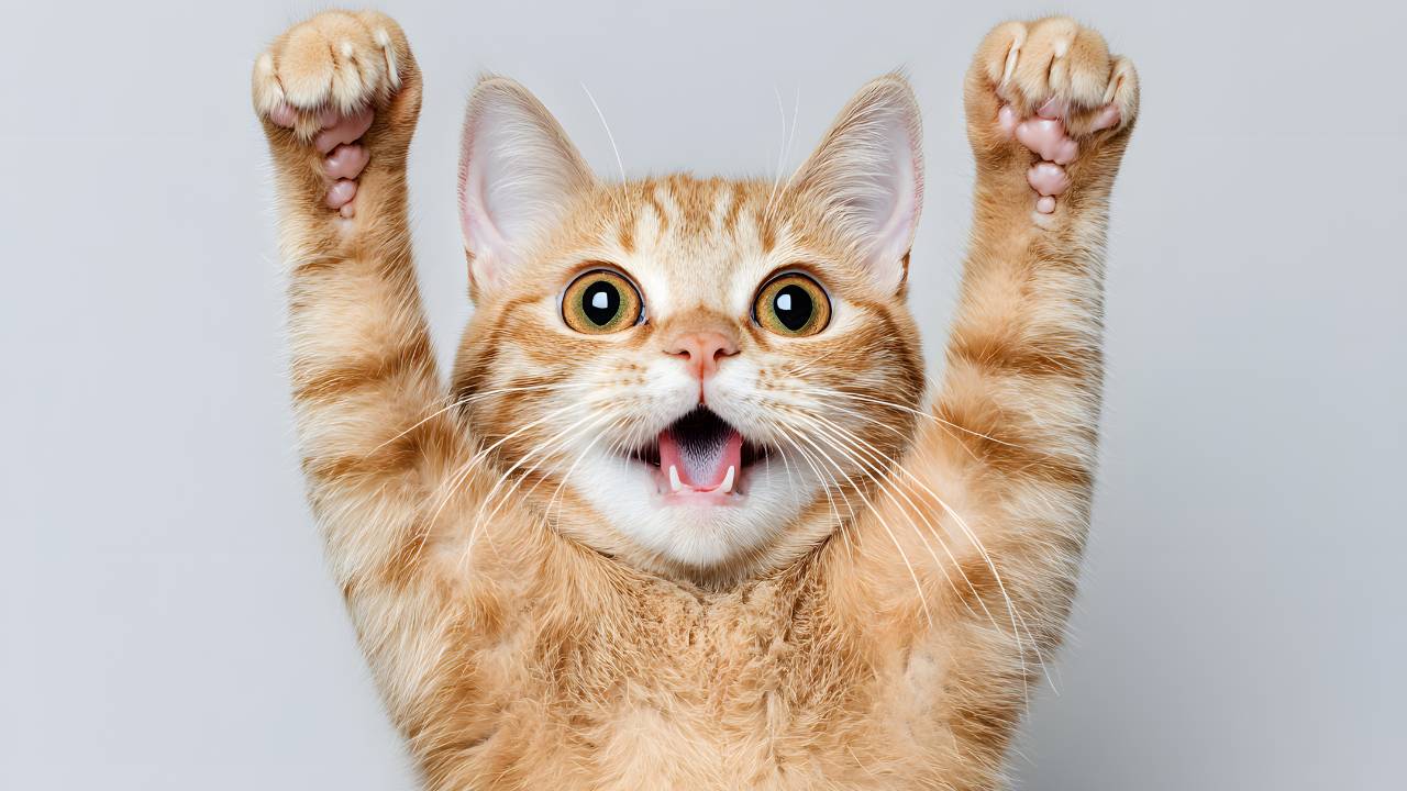 orange cat with paws raised mid-knead