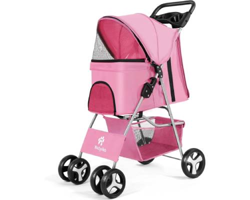 Wedyvko Pet Dog Stroller, 4 Wheel Foldable Cat Dog Stroller with Storage Basket